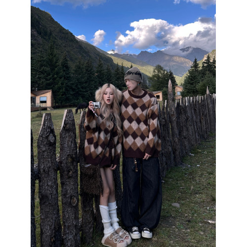 情侶裝25秋冬新款美拉德撞色菱格紋毛衣男女氛圍感針織衫外套內搭