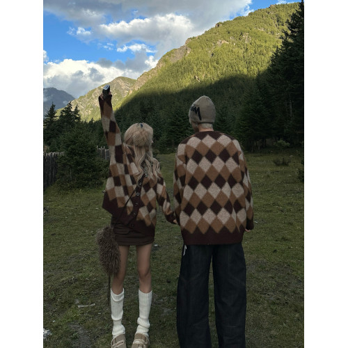 情侶裝25秋冬新款美拉德撞色菱格紋毛衣男女氛圍感針織衫外套內搭
