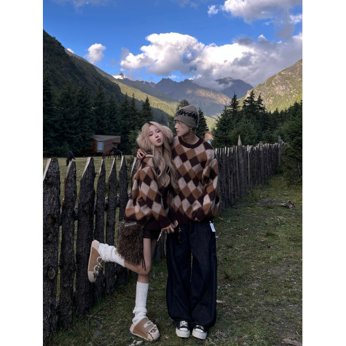 情侶裝25秋冬新款美拉德撞色菱格紋毛衣男女氛圍感針織衫外套內搭