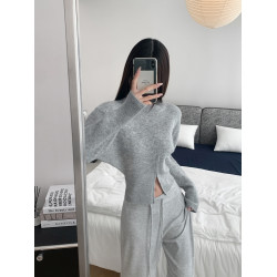 張紫一.設計感收腰下擺拉鍊顯瘦秋冬長袖毛衣圓領套頭針織衫上衣