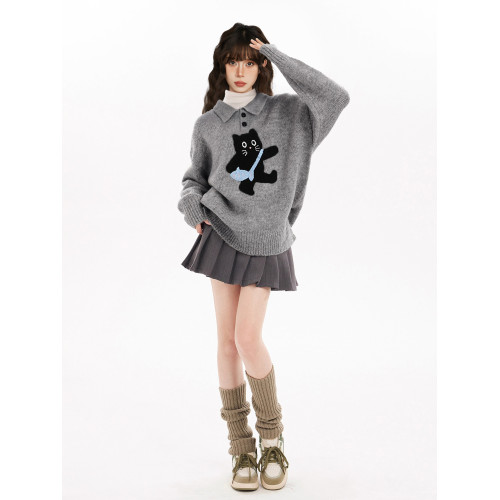 灰色POLO翻領貓咪套頭毛衣女秋冬冬季加厚寬松慵懶羊毛針織衫外穿 灰色POLO翻領貓咪套頭毛衣女秋冬冬季加厚寬松慵懶羊毛針織衫外穿