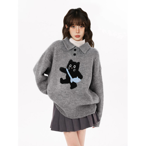 灰色POLO翻領貓咪套頭毛衣女秋冬冬季加厚寬松慵懶羊毛針織衫外穿 灰色POLO翻領貓咪套頭毛衣女秋冬冬季加厚寬松慵懶羊毛針織衫外穿