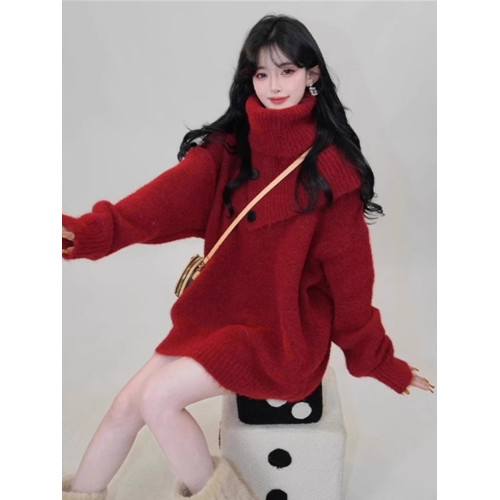 聖誕紅色高領針織毛衣套裝連衣裙子女秋冬新款跨新年戰袍約會短裙 聖誕紅色高領針織毛衣套裝連衣裙子女秋冬新款跨新年戰袍約會短裙