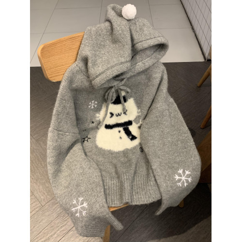 可愛卡通雪人連帽毛衣女秋冬聖誕氛圍感寬松慵懶風軟糯針織衫上衣 可愛卡通雪人連帽毛衣女秋冬聖誕氛圍感寬松慵懶風軟糯針織衫上衣