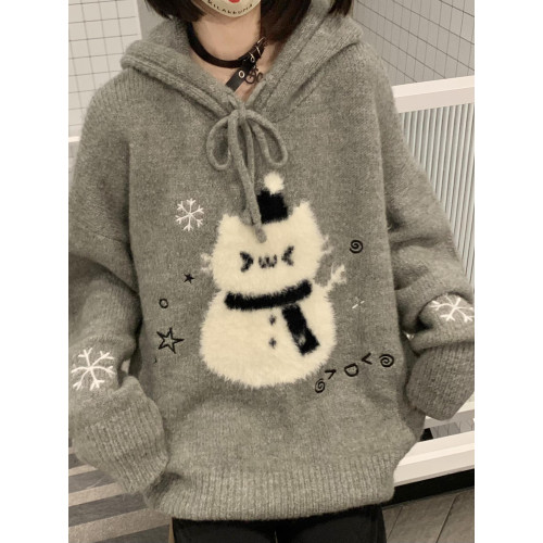 可愛卡通雪人連帽毛衣女秋冬聖誕氛圍感寬松慵懶風軟糯針織衫上衣 可愛卡通雪人連帽毛衣女秋冬聖誕氛圍感寬松慵懶風軟糯針織衫上衣