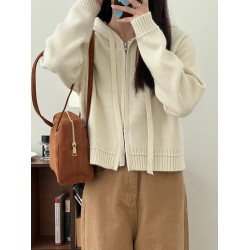 秋冬2025新款韓版雙頭拉鍊連帽毛衣女短款小個子氣質長袖上衣外套