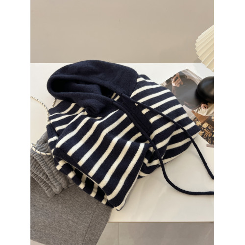 日系復古文藝條紋連帽套頭毛衣女寬鬆慵嬾針織衫上衣秋冬新款減齡