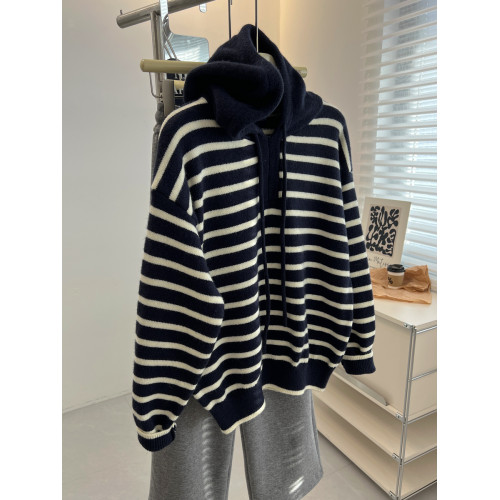 日系復古文藝條紋連帽套頭毛衣女寬鬆慵嬾針織衫上衣秋冬新款減齡