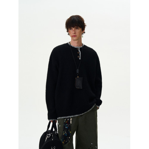 MADWITCH新款復古氛圍感針織衫男女美式小衆設計感亨利領慵懶毛衣