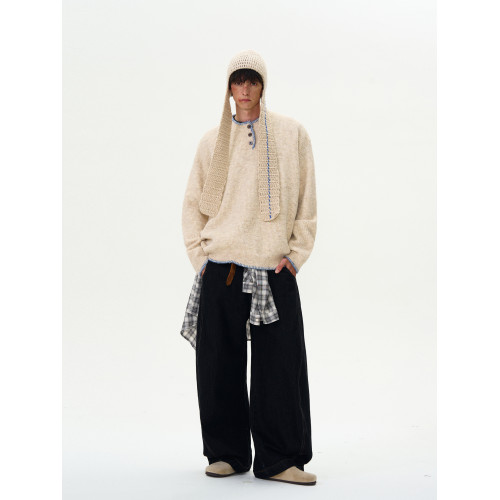 MADWITCH新款復古氛圍感針織衫男女美式小衆設計感亨利領慵懶毛衣