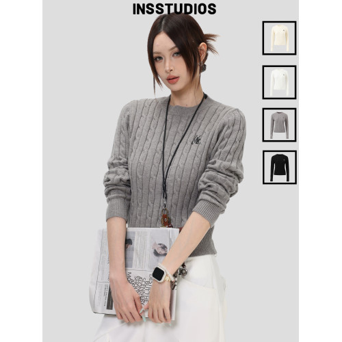 INSstudios 國潮牌美式「麻花短款內搭毛衣」修身顯瘦針織上衣女