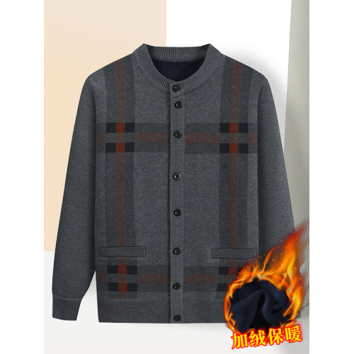 爸爸秋冬季加絨加厚開衫中老年人男保暖系釦針織毛衣外套爺爺上衣