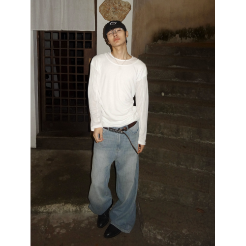 Borrowed Project 輕透空氣混紗雙層圓領打底衫曡穿假倆件長袖T恤