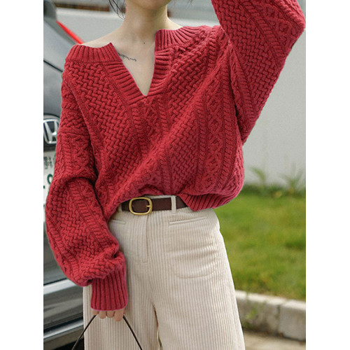 復古V領綠色毛衣女秋冬季加厚寬松設計感小衆一字肩露肩針織上衣 復古V領綠色毛衣女秋冬季加厚寬松設計感小衆一字肩露肩針織上衣