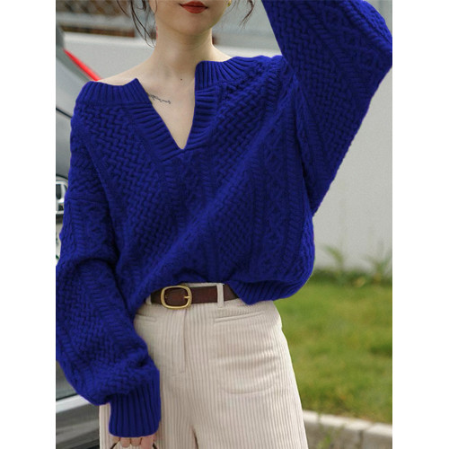 復古V領綠色毛衣女秋冬季加厚寬松設計感小衆一字肩露肩針織上衣 復古V領綠色毛衣女秋冬季加厚寬松設計感小衆一字肩露肩針織上衣