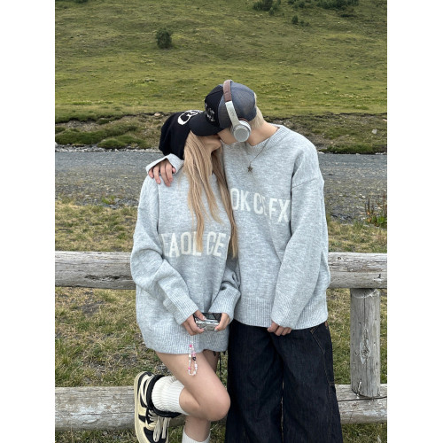 美式慵懶風毛衣男女情侶裝秋冬季寬松休閒百搭圓領套頭針織衫線衣