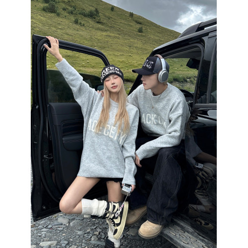 美式慵懶風毛衣男女情侶裝秋冬季寬松休閒百搭圓領套頭針織衫線衣