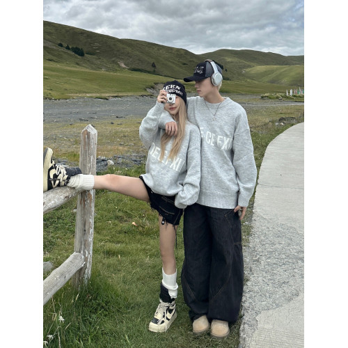 美式慵懶風毛衣男女情侶裝秋冬季寬松休閒百搭圓領套頭針織衫線衣