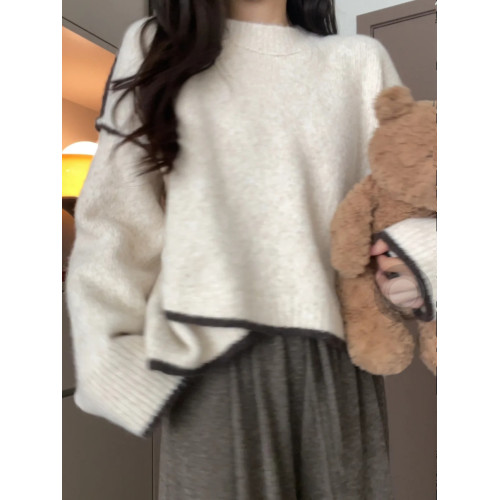 設計感不規則撞色毛衣女新款秋冬寬松慵懶風軟糯高級感套頭針織衫 設計感不規則撞色毛衣女新款秋冬寬松慵懶風軟糯高級感套頭針織衫