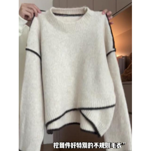 設計感不規則撞色毛衣女新款秋冬寬松慵懶風軟糯高級感套頭針織衫 設計感不規則撞色毛衣女新款秋冬寬松慵懶風軟糯高級感套頭針織衫