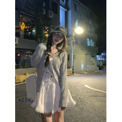 春秋新款日系古著復古軟糯奶fufu慵懶風灰色長袖針織開衫毛衣外套