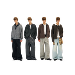 MADWITCH美式復古麻花紋羊毛混紡針織開衫男女寬松休閒萊賽爾外套