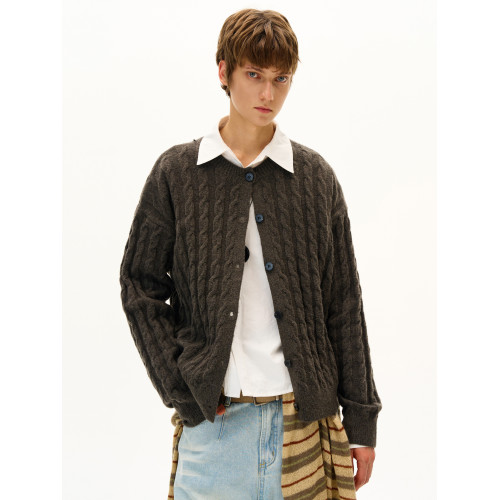 MADWITCH美式復古麻花紋羊毛混紡針織開衫男女寬松休閒萊賽爾外套
