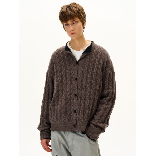MADWITCH美式復古麻花紋羊毛混紡針織開衫男女寬松休閒萊賽爾外套