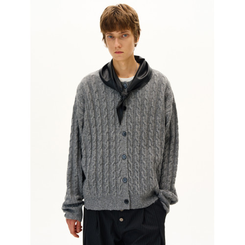 MADWITCH美式復古麻花紋羊毛混紡針織開衫男女寬松休閒萊賽爾外套