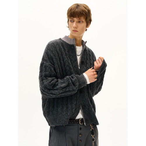 MADWITCH美式復古麻花紋羊毛混紡針織開衫男女寬松休閒萊賽爾外套