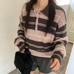 韓國東大門2025秋冬女翻領半系釦條紋針織衫寬松毛衣上衣