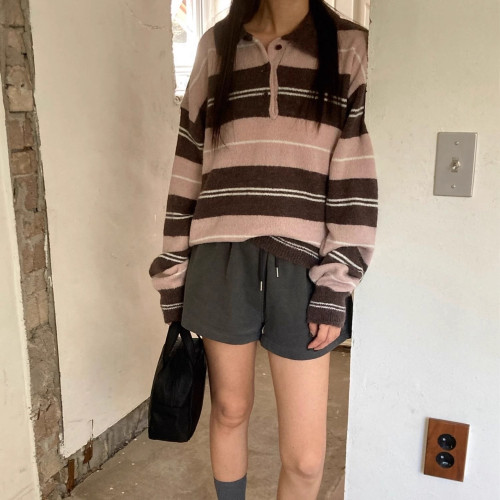 韓國東大門2025秋冬女翻領半系釦條紋針織衫寬松毛衣上衣 韓國東大門2025秋冬女翻領半系釦條紋針織衫寬松毛衣上衣