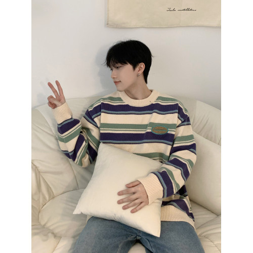 美式復古INS潮牌條紋毛衣男 秋冬oversize慵懶風圓領情侶裝針織衫