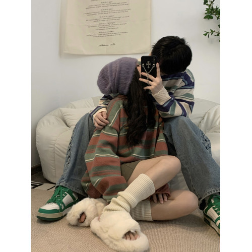 美式復古INS潮牌條紋毛衣男 秋冬oversize慵懶風圓領情侶裝針織衫