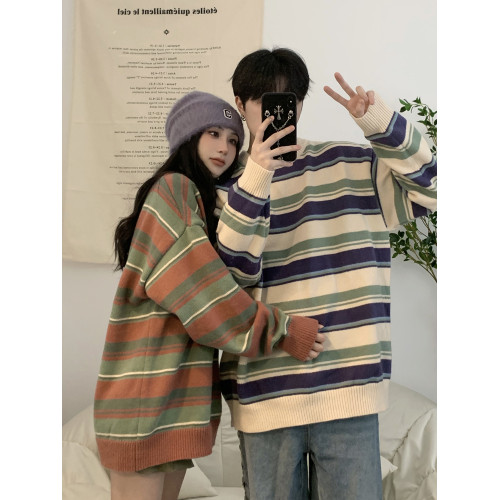 美式復古INS潮牌條紋毛衣男 秋冬oversize慵懶風圓領情侶裝針織衫