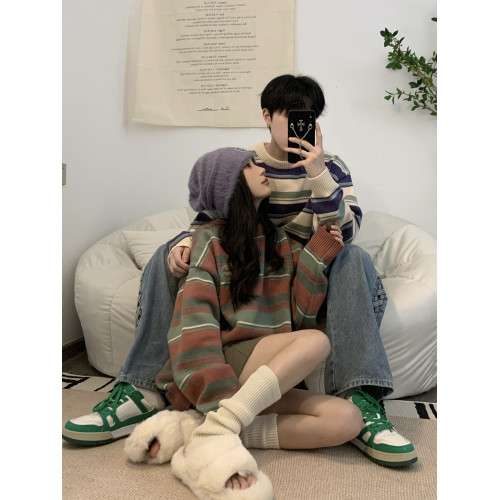 美式復古INS潮牌條紋毛衣男 秋冬oversize慵懶風圓領情侶裝針織衫