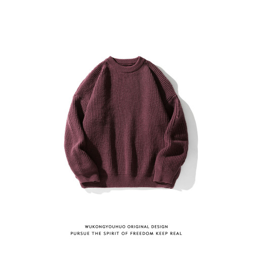 悟空有貨復古日系純色百搭圓領毛衣打底衫男秋季寬松百搭針織上衣