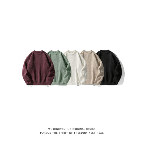 悟空有貨復古日系純色百搭圓領毛衣打底衫男秋季寬松百搭針織上衣