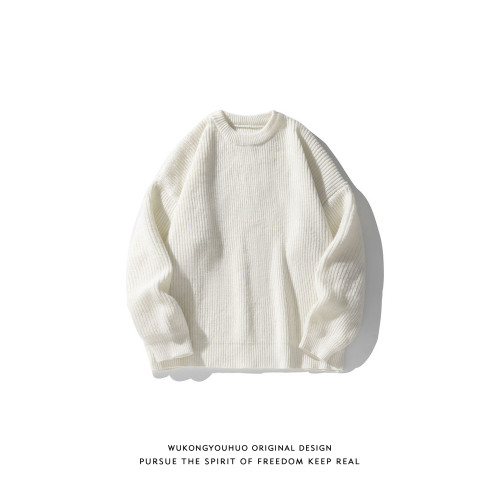 悟空有貨復古日系純色百搭圓領毛衣打底衫男秋季寬松百搭針織上衣