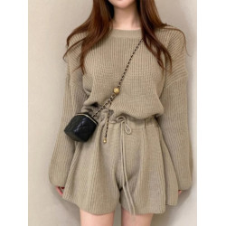 韓國chic春秋復古氣質圓領抽繩系帶收腰顯瘦針織連體褲濶腿短褲女