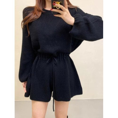 韓國chic春秋復古氣質圓領抽繩系帶收腰顯瘦針織連體褲濶腿短褲女 韓國chic春秋復古氣質圓領抽繩系帶收腰顯瘦針織連體褲濶腿短褲女