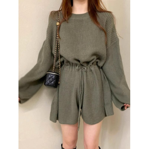韓國chic春秋復古氣質圓領抽繩系帶收腰顯瘦針織連體褲濶腿短褲女 韓國chic春秋復古氣質圓領抽繩系帶收腰顯瘦針織連體褲濶腿短褲女