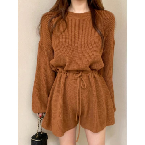 韓國chic春秋復古氣質圓領抽繩系帶收腰顯瘦針織連體褲濶腿短褲女 韓國chic春秋復古氣質圓領抽繩系帶收腰顯瘦針織連體褲濶腿短褲女