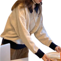 春秋季polo領針織衫女秋冬撞色外穿翻領套頭休閒短款刺綉內搭毛衣