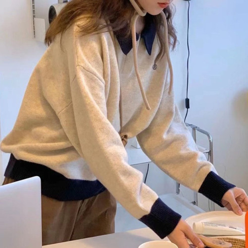 春秋季polo領針織衫女秋冬撞色外穿翻領套頭休閒短款刺綉內搭毛衣 春秋季polo領針織衫女秋冬撞色外穿翻領套頭休閒短款刺綉內搭毛衣