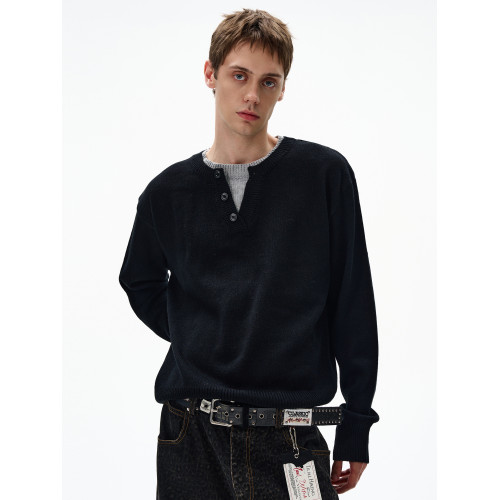 MADWITCH復古休閒撞色雙層領針織衫男女寬松簡約高智感長袖毛衣潮