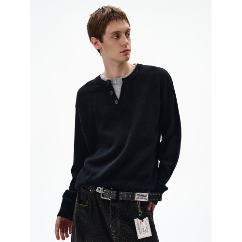 MADWITCH復古休閒撞色雙層領針織衫男女寬松簡約高智感長袖毛衣潮