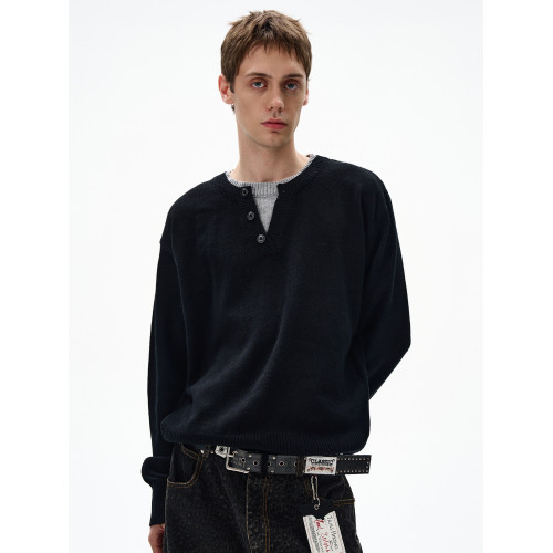 MADWITCH復古休閒撞色雙層領針織衫男女寬松簡約高智感長袖毛衣潮