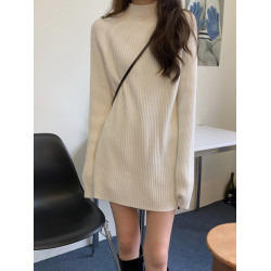 白色中長款半高領針織衫女秋冬小個子配大衣內搭毛衣遮屁股上衣