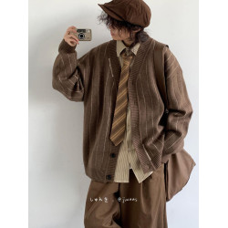 秋冬中性美拉德條紋開衫加厚毛衣男女學院風復古V領保暖針織外套